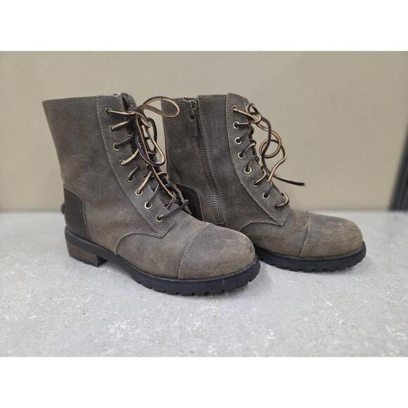 UGG Boots Womens Size 7 Brown Leather Shearling Lined Lace Up Zip Combat 1095131 - Picture 1 of 14